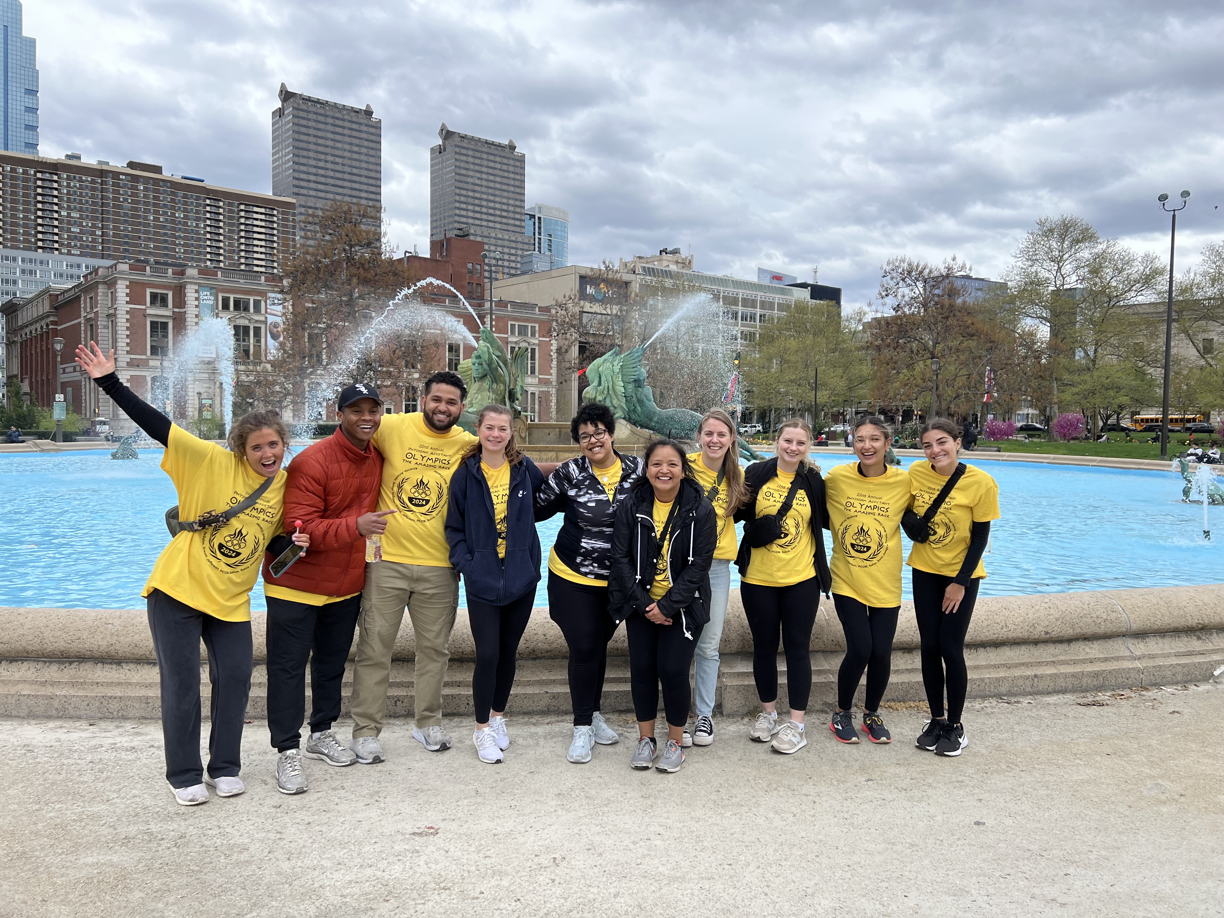 Hannah Brown and PA students by fountain